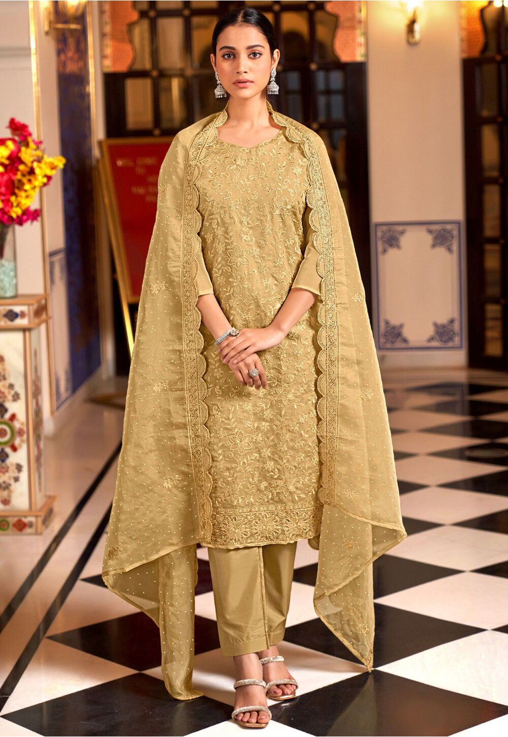 Zarkan Embroidered Yellow Organza Pant Style Suit