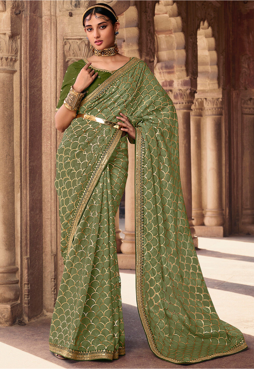 Embroidered Organza Saree in Light Olive Green : SBQ166