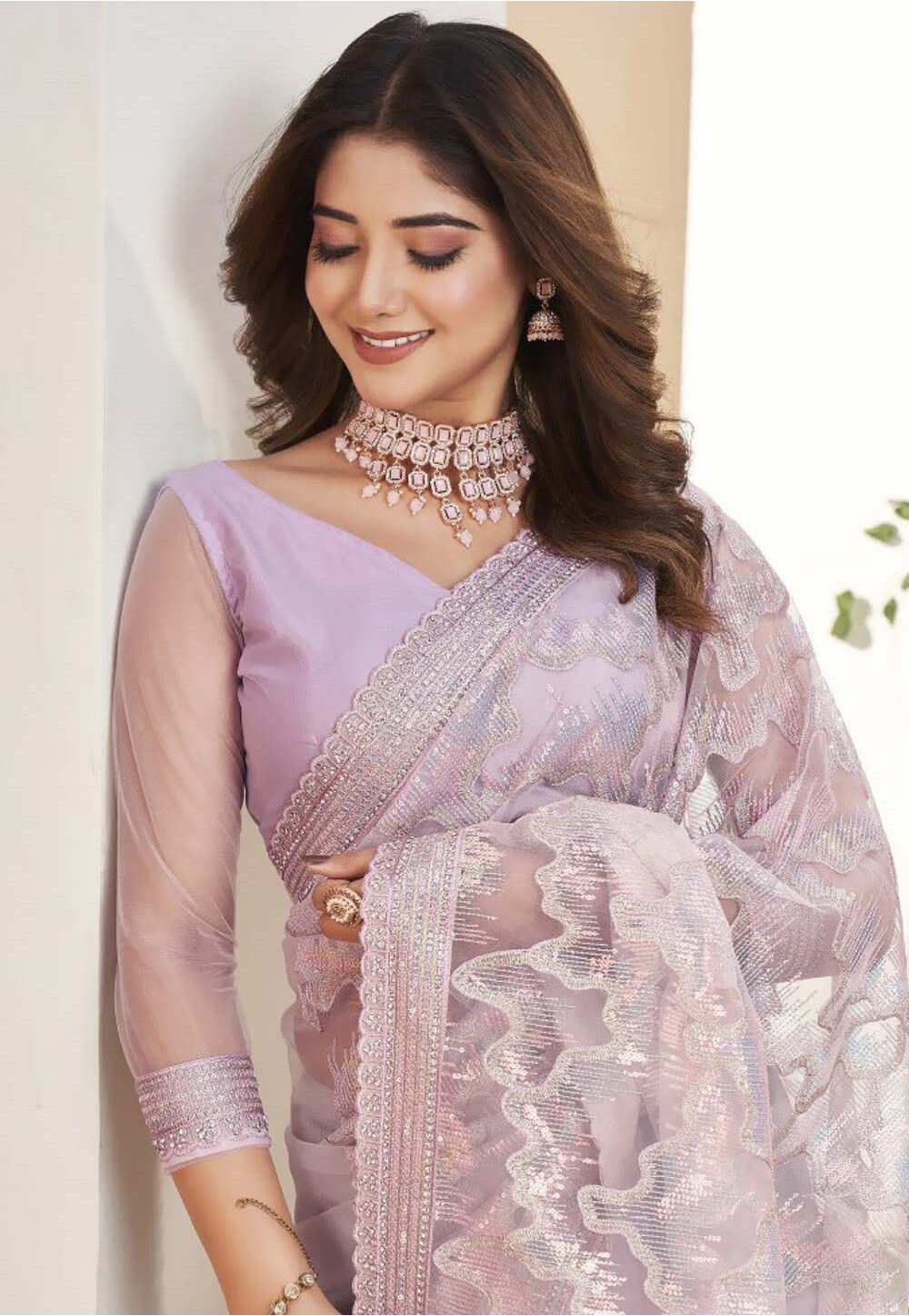 Purple Organza Saree Set