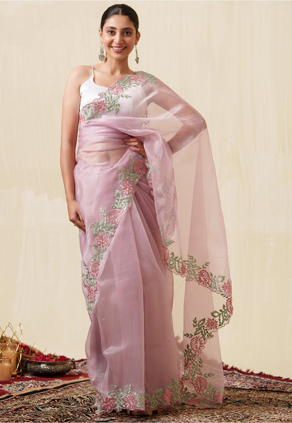 Blush Pink Organza Embroidered Saree
