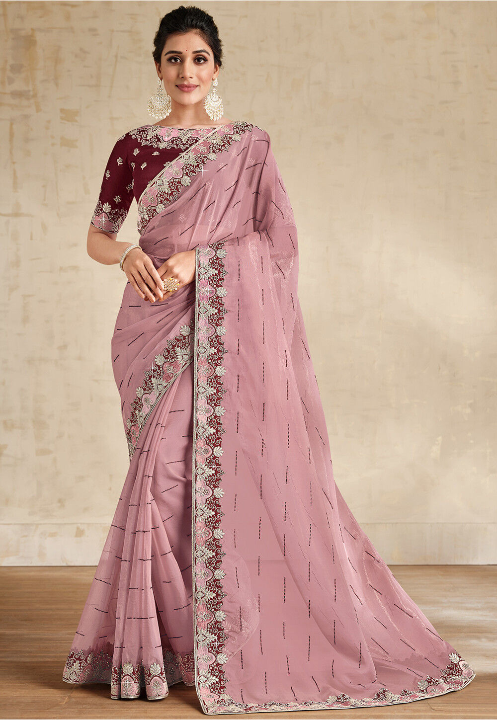 Pastel Pink Organza Saree With Hand Embroidery | Singhania's