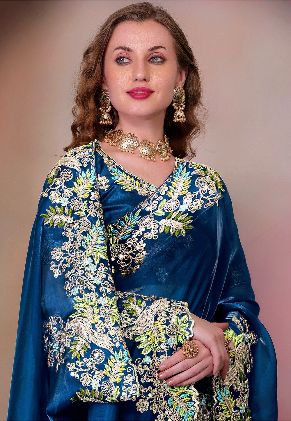 Teal blue Organza Silk Saree with Hand Embroidered Work