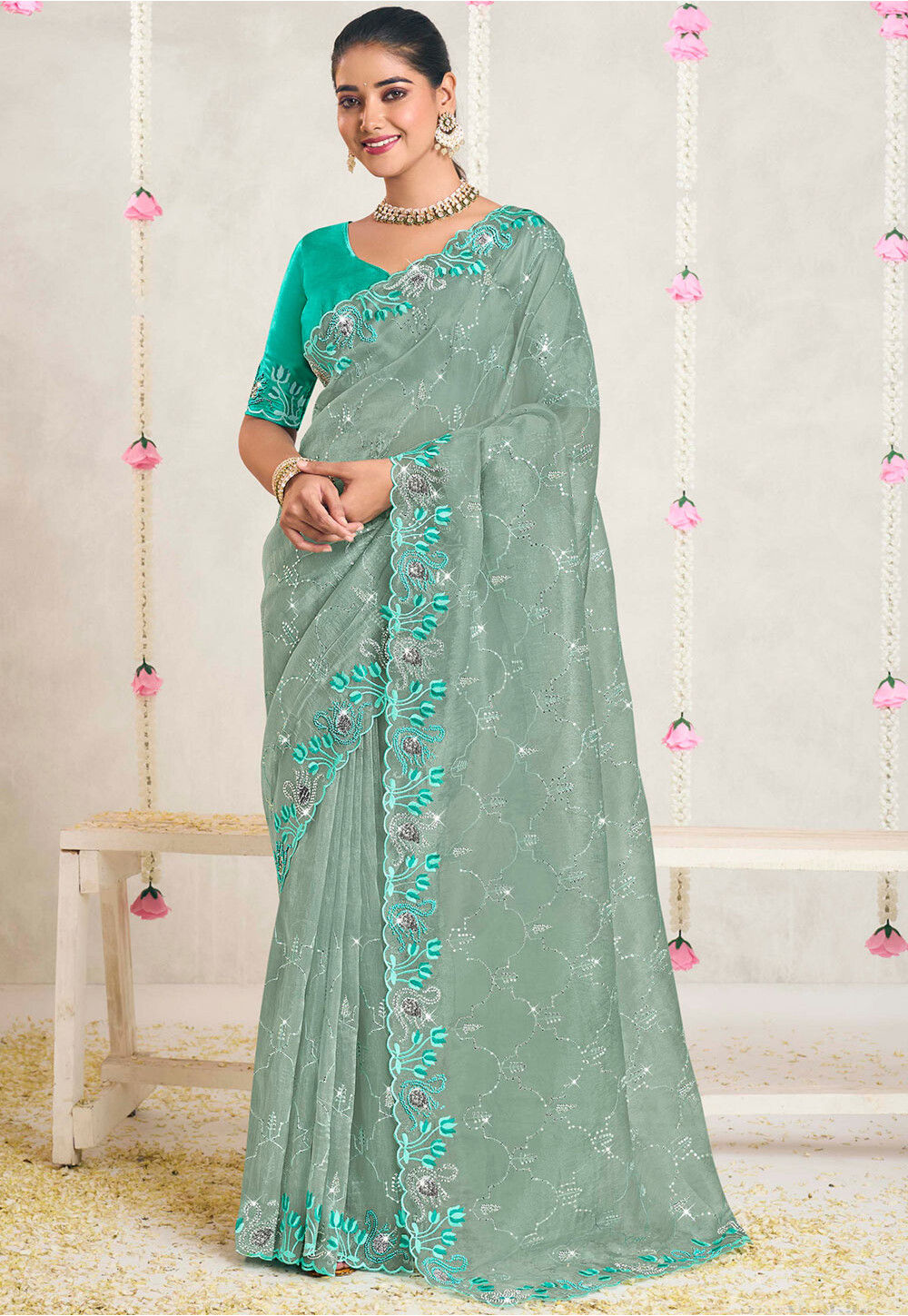 Beautiful embroidered and scalloped  organza saree main image 1