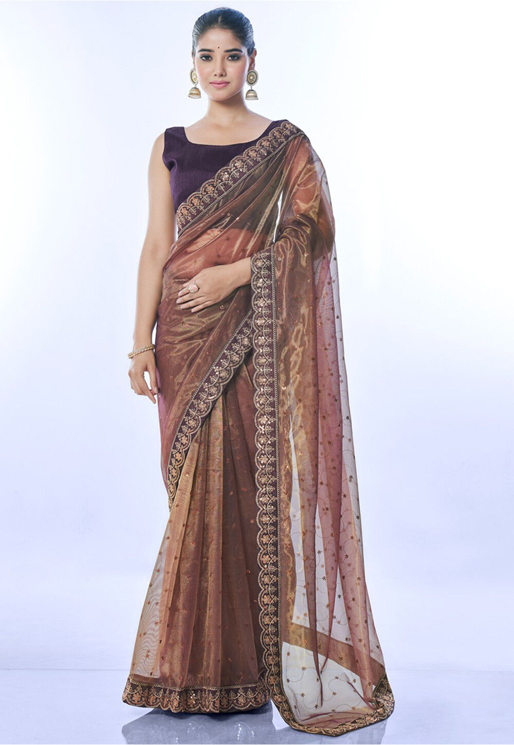 Buy Embroidered Organza Shimmer Saree in Copper Online : SPF13051 ...