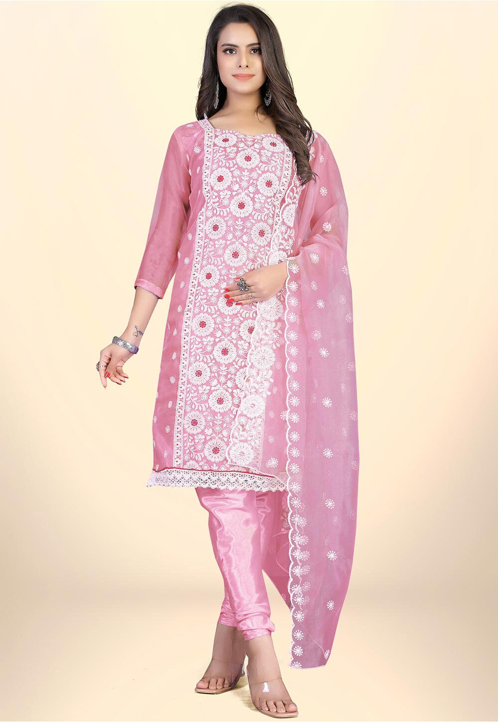 Plus Size Red Embroidered Plus Size Clothing Organza Straight Suit Set With Dupatta