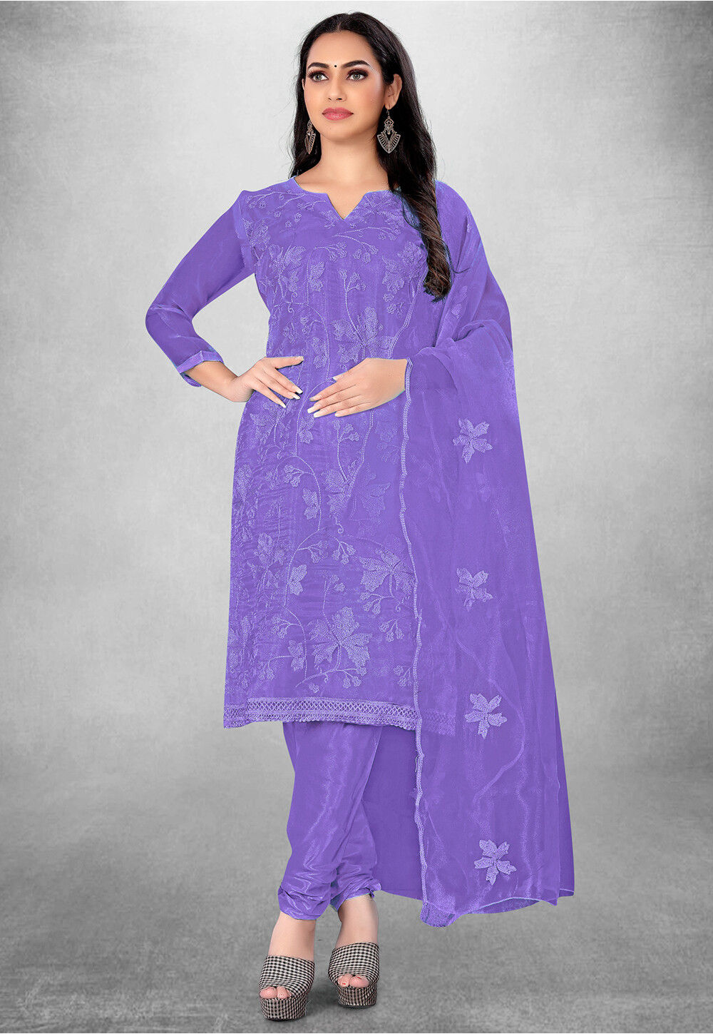 Purple Soft Organza Embroidered Festive Pant Style Suit main image 1