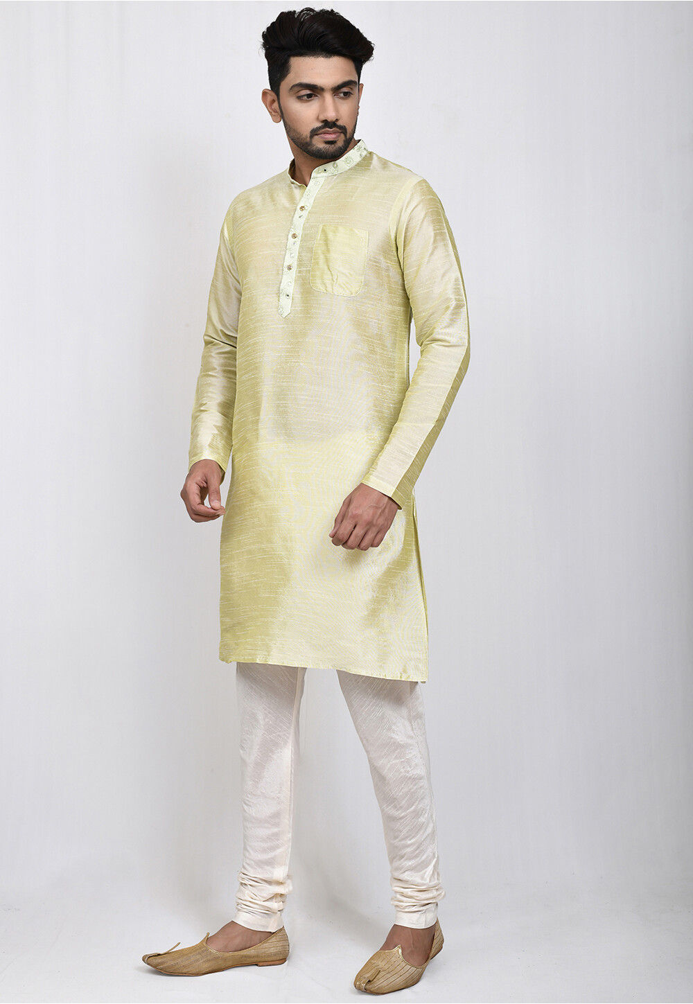 Buy Green Banarasi Art Silk Embroidered Placket Kurta And Churidar