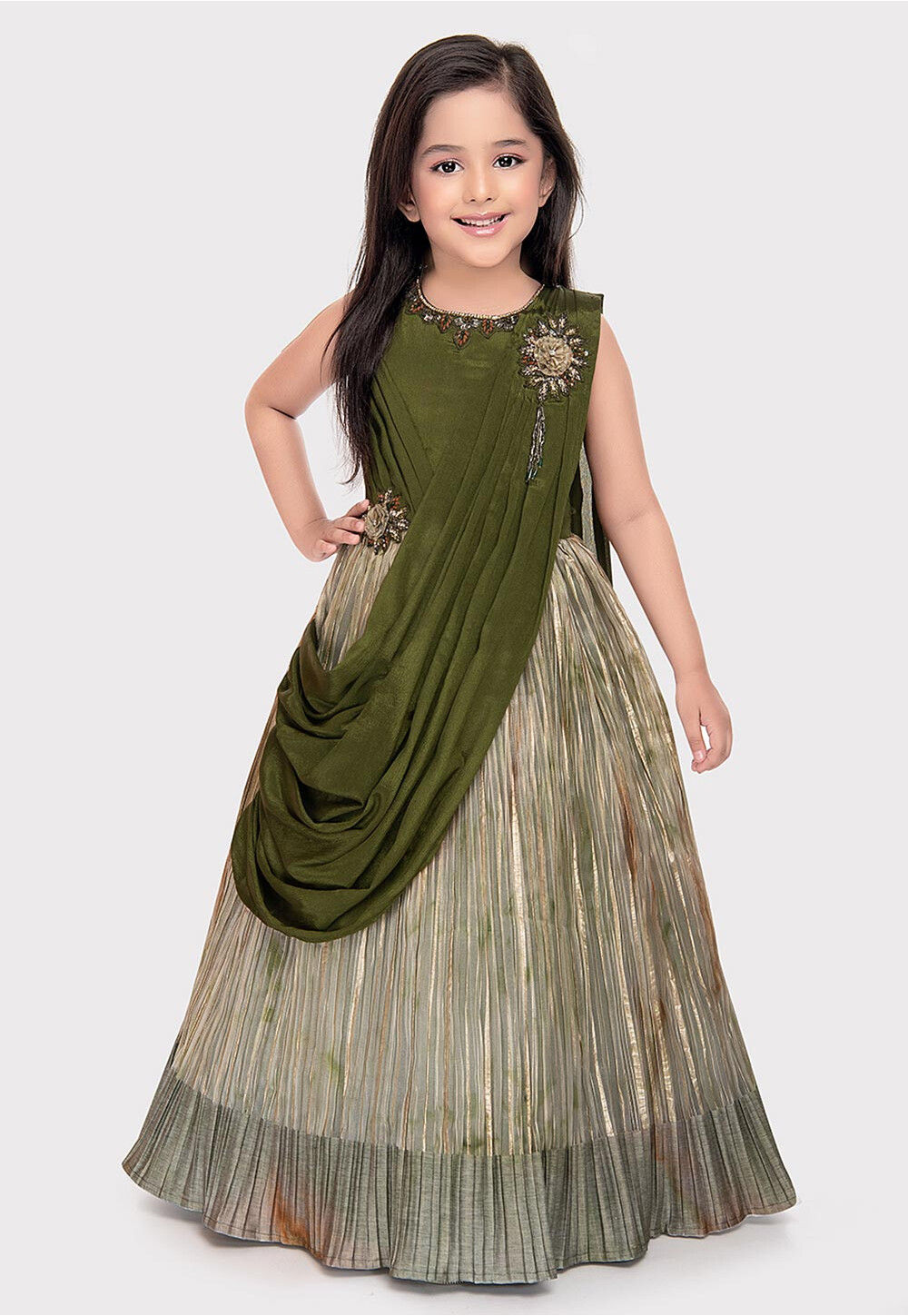 green dress with dupatta Green Dual Color Chinon Silk Bandhani Style Pattern Palazzo Suit with Chiffon Dupatta For Indian Festivals & Weddings