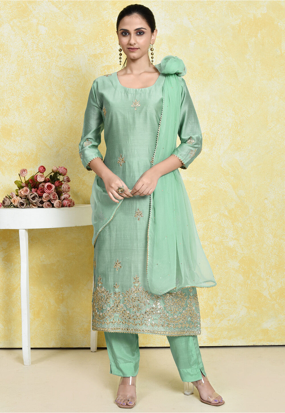 Buy Embroidered Pure Chanderi Cotton Pakistani Suit in Sea Green Online :  KWU63 - Utsav Fashion