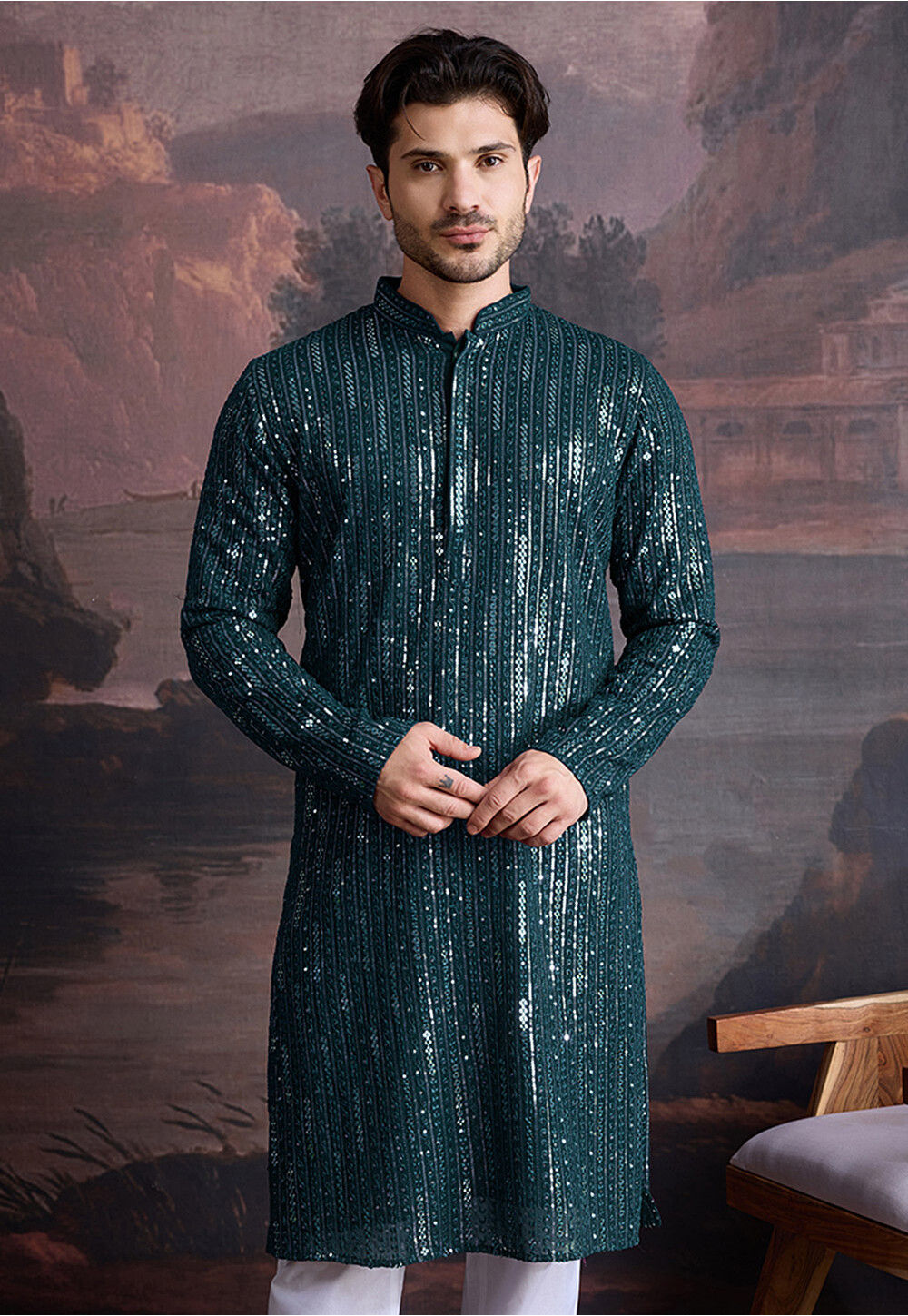 Buy Embroidered Pure Cotton Kurta in Dark Teal Blue Online : MSF2571 ...