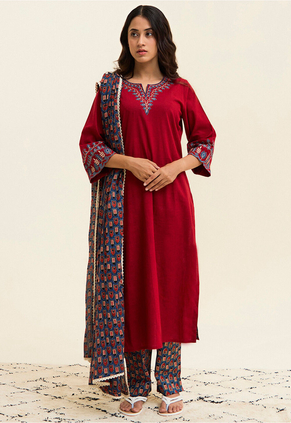 Beige & Winish Maroon Pure Cotton Pakistani Farshi Salwar Indowestern suit main image 0