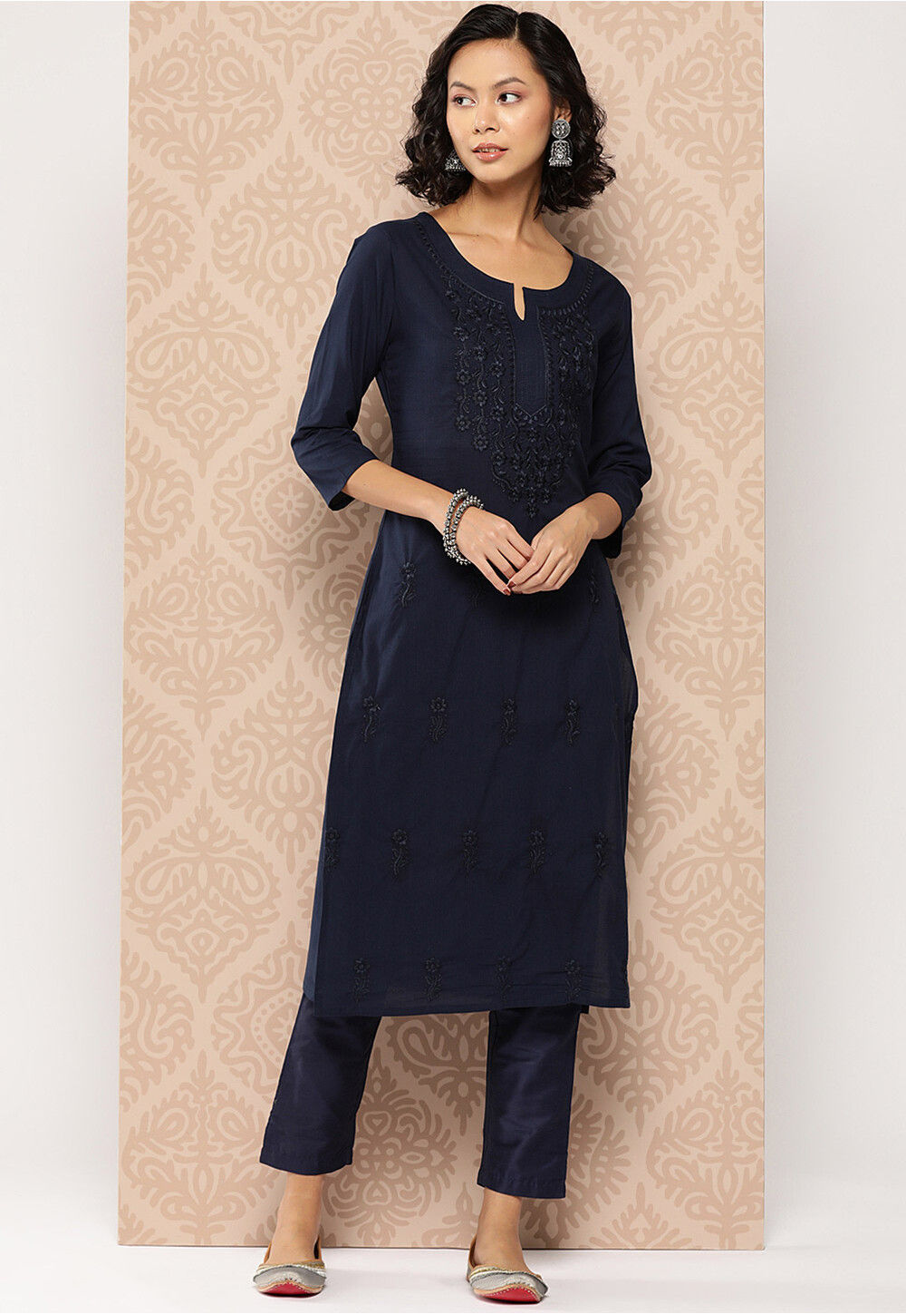 Blue Embroidered Pure Cotton Straight Kurta Trousers Set