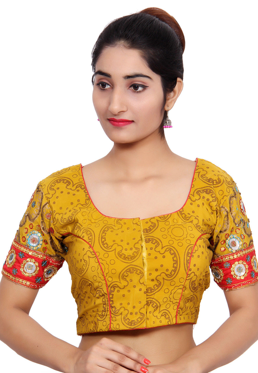 Embroidered Pure Crepe Padded Blouse in Olive Green : UJN527