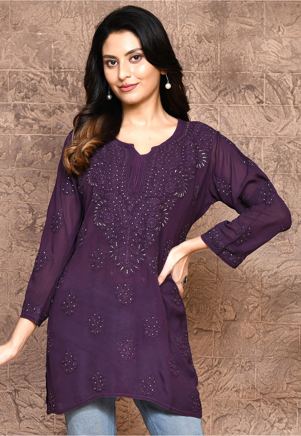 Buy Embroidered Pure Georgette Kurti in Purple Online TDU169 Utsav Fashion