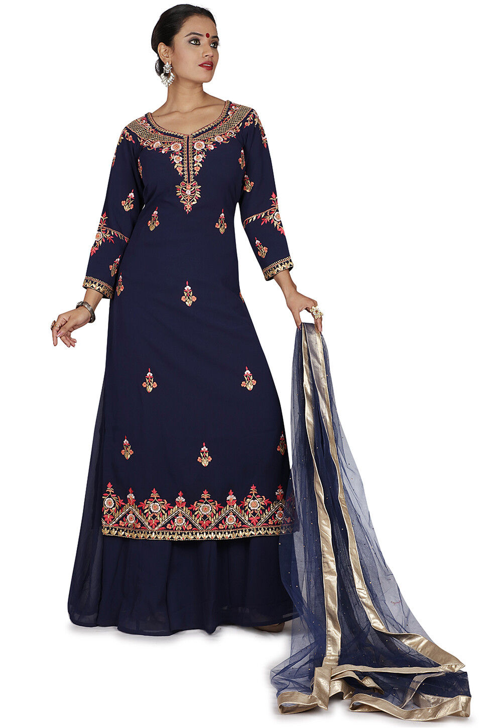 Embroidered Pure Georgette Pakistani Suit In Navy Blue Kpy42 