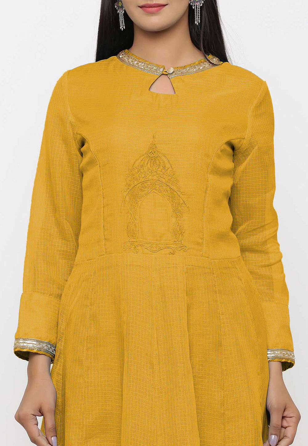 Buy Embroidered Pure Kota Silk Anarkali Kurta in Mustard Online ...