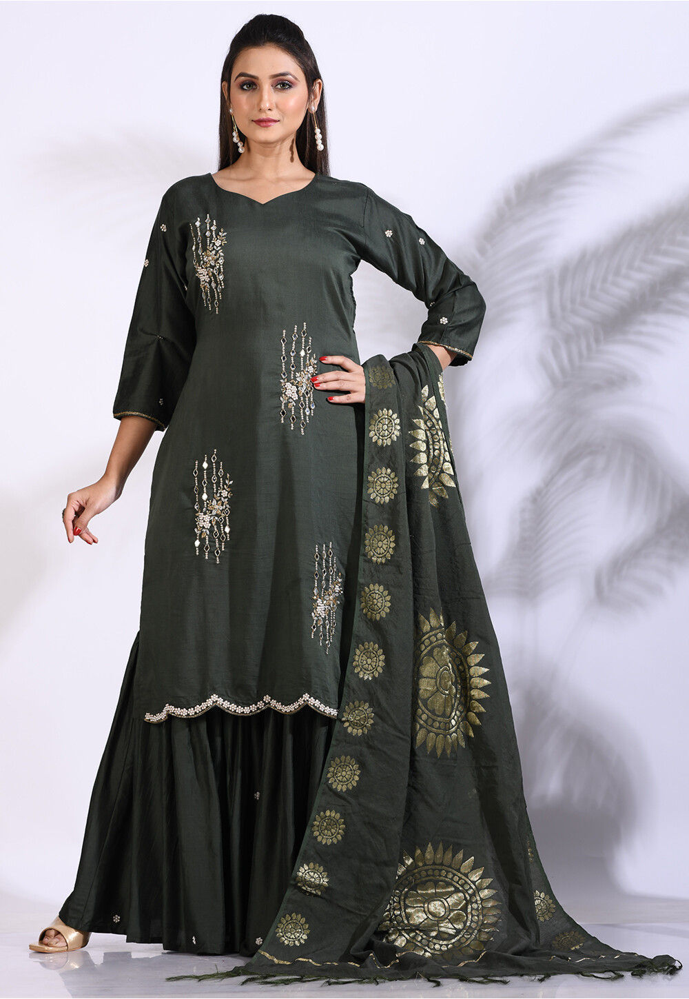 Embroidered Pure Silk Scalloped Pakistani Suit in Dark Green