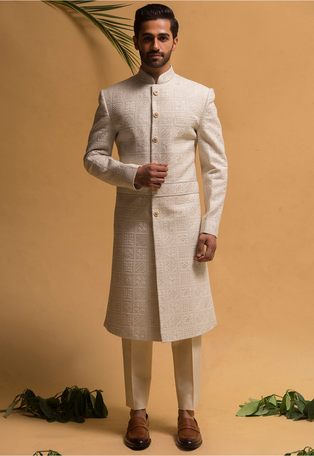 Buy Embroidered Pure Silk Sherwani in Cream Online MXD35 Utsav Fashion