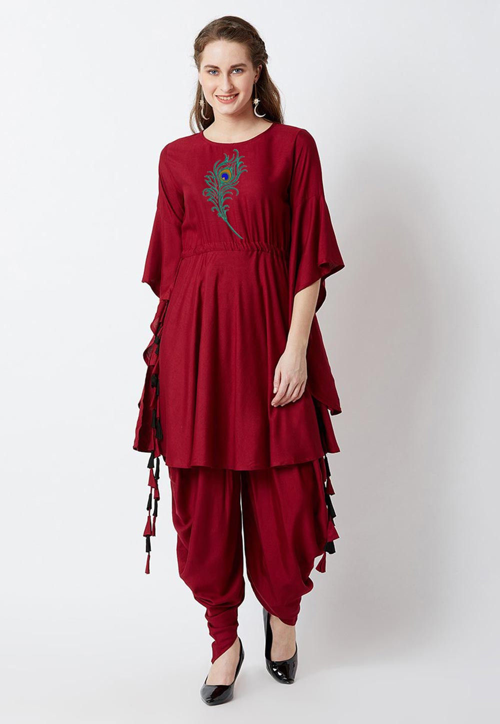 Teal Woven Brocade Kurta with Dhoti Pants and Net Dupatta - Inddus.com–  Inddus.in