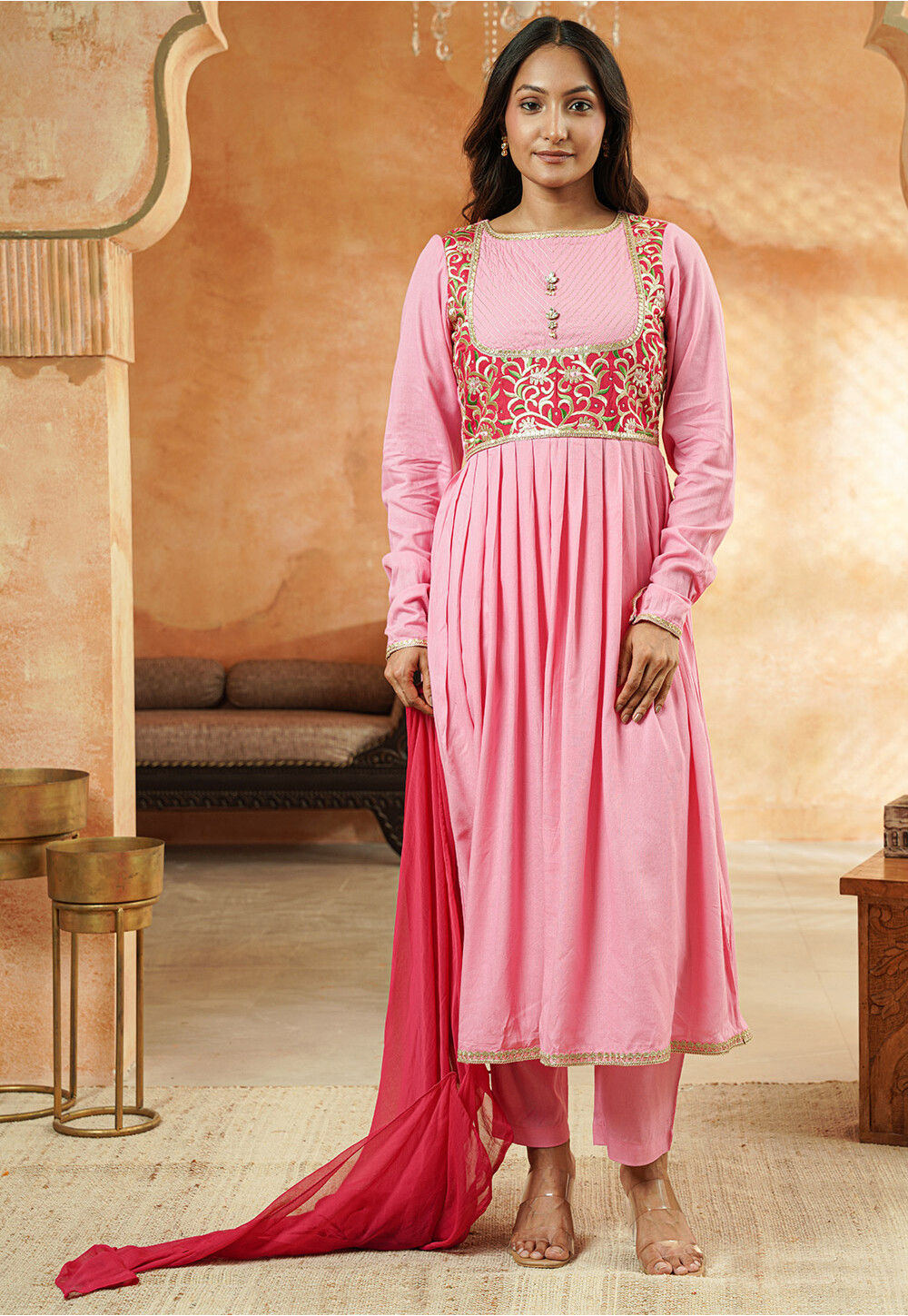 sachin and babi light blue dress Dusty Pink Embellished Anarkali Gown with Sheer Cape  Uma Garg Label