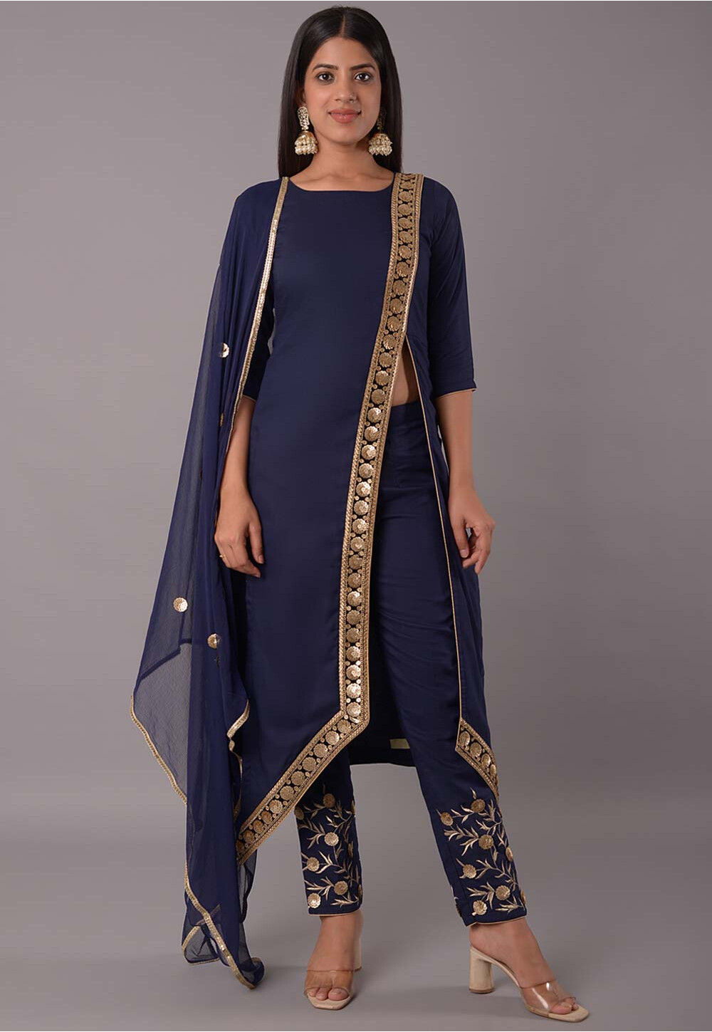 Buy Embroidered Rayon Front Slit Pakistani Suit in Navy Blue Online ...