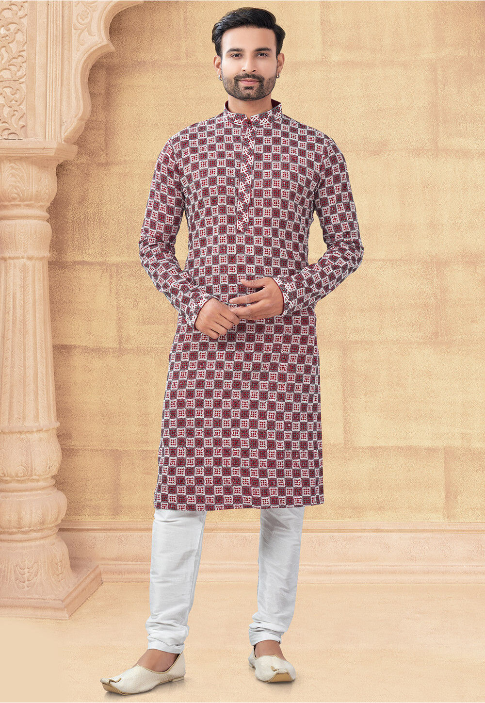 Maroon Embroidered Rayon Kurta Set
