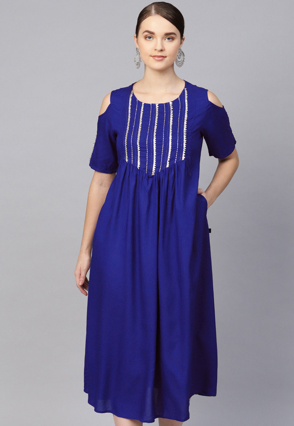 Buy Embroidered Rayon Midi Dress in Royal Blue Online TVE688 Utsav