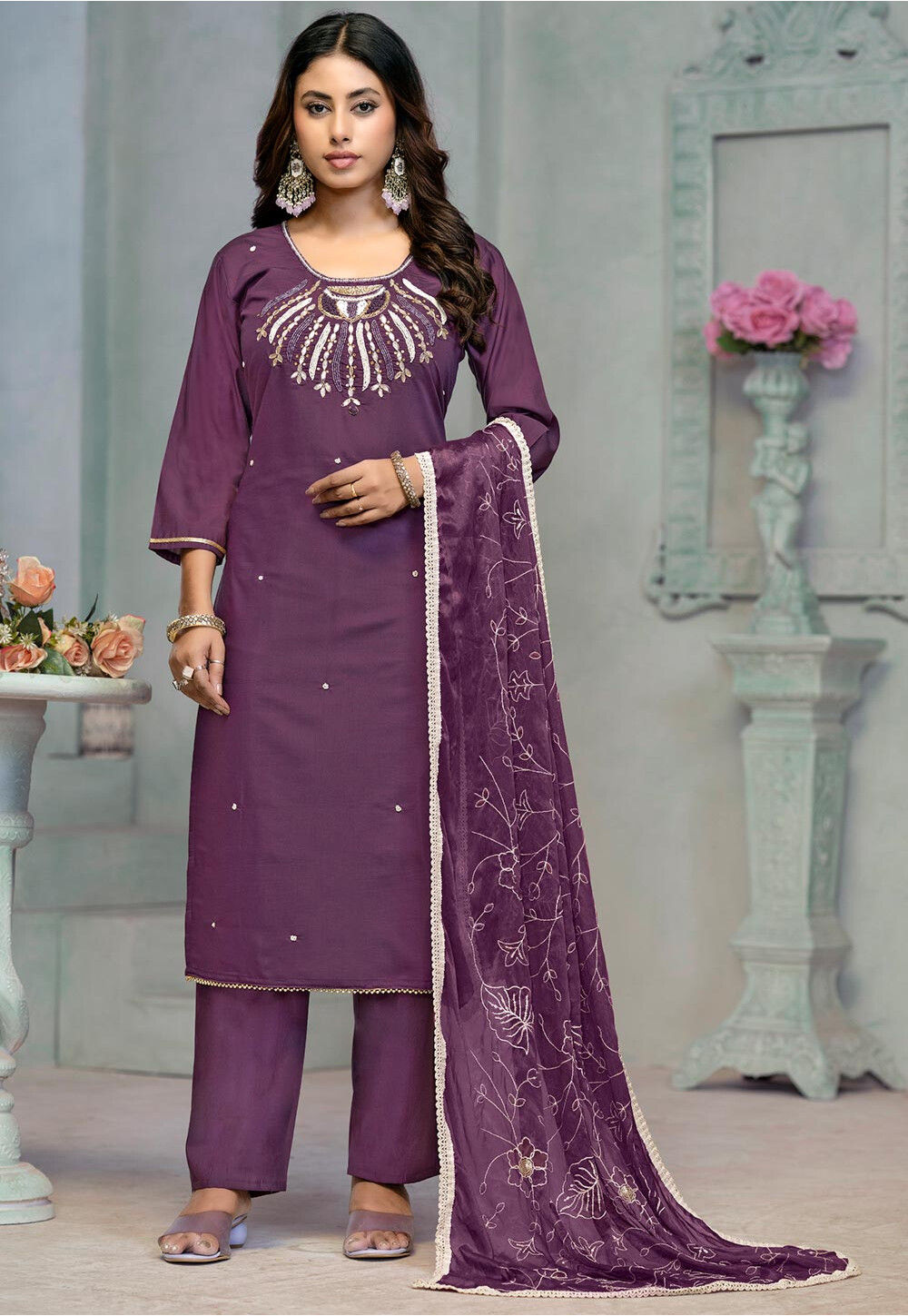 Purple Traditional Readymade Pakistani Pant Suit With Sequence Embroidery Work