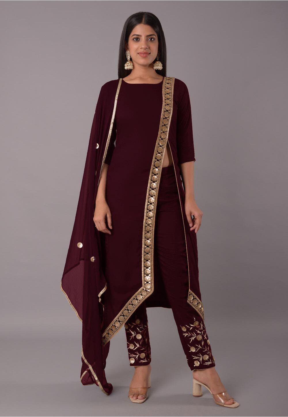 Modern Wine Rayon Slub Trendy Designer Heavy Rayon Slub Readymade Suit Collection With Wine Rayon Slub