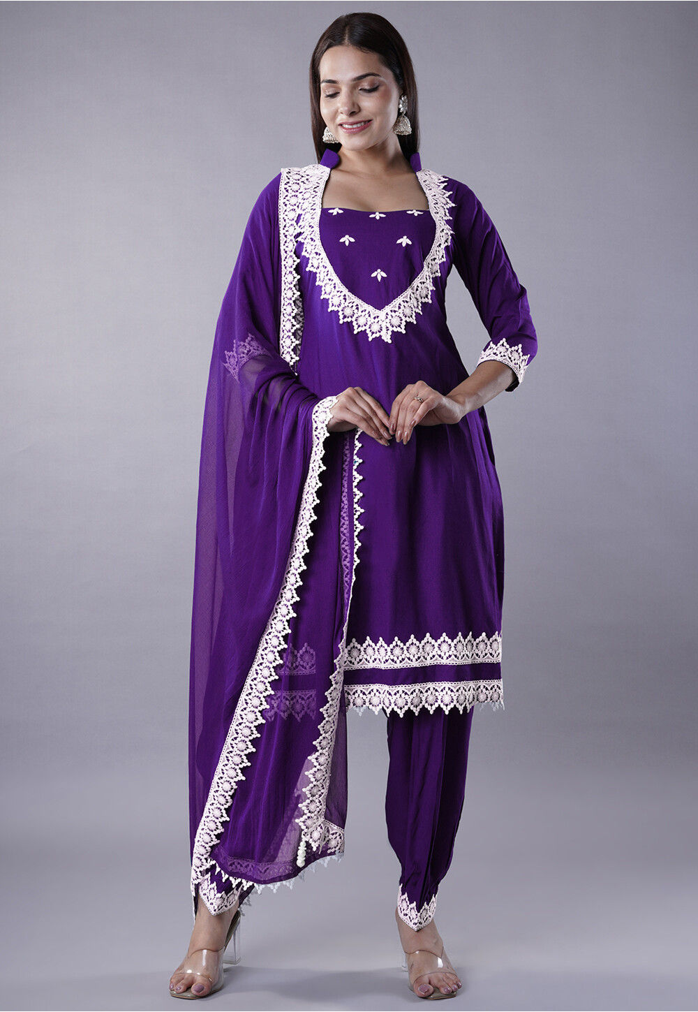 Buy Embroidered Rayon Punjabi Suit in Dark Purple Online KUR290 Utsav Fashion