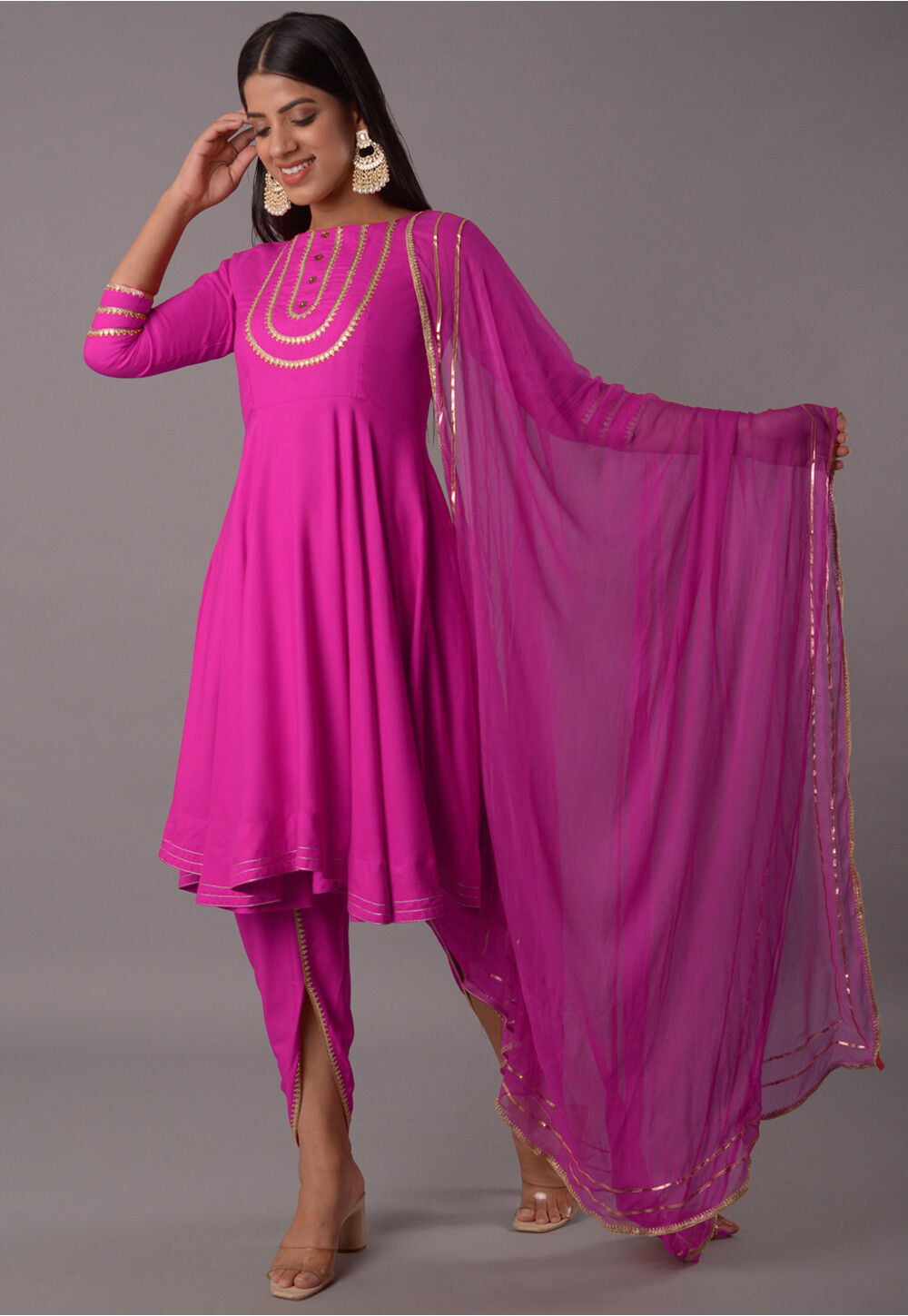 Embroidered Rayon Punjabi Suit in Magenta