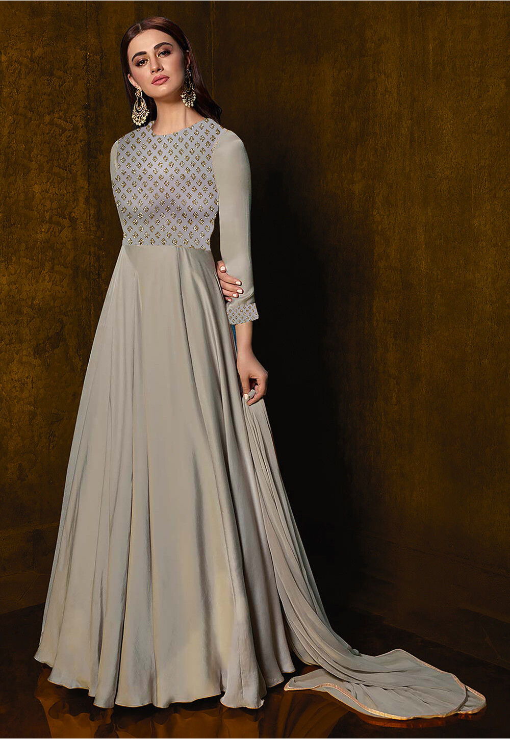 Embroidered Satin Abaya Style Suit in Grey Salwar Kameez