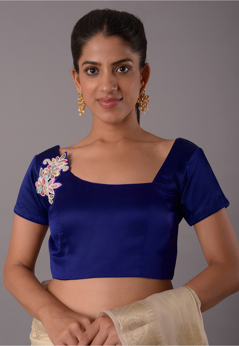 Royal Blue Draped Sleeve Satin Blouse