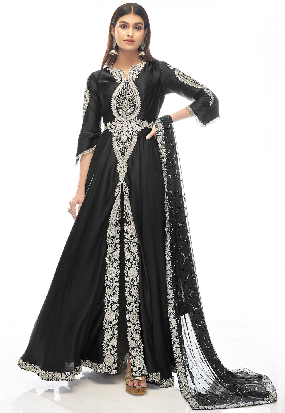 Embroidered Satin Front Slit Abaya Style Suit in Black : KCH9631