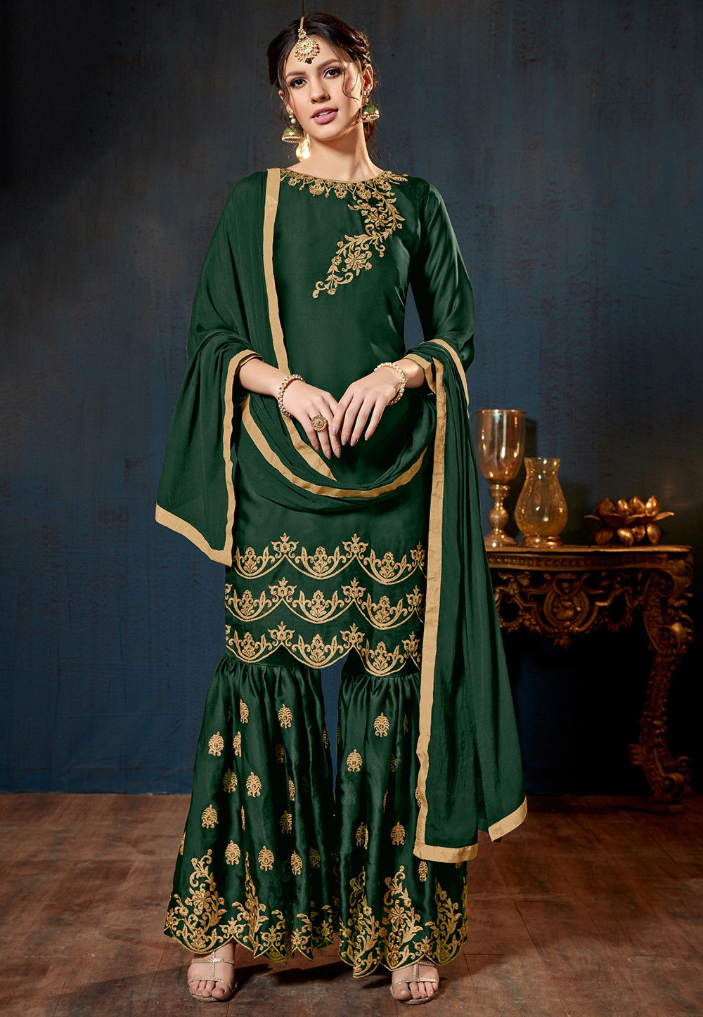 Embroidered Satin Georgette Pakistani Suit In Dark Green Kch2787 