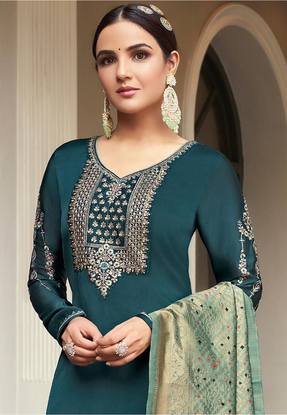 Embroidered Satin Georgette Pakistani Suit in Teal Blue : KCH8144