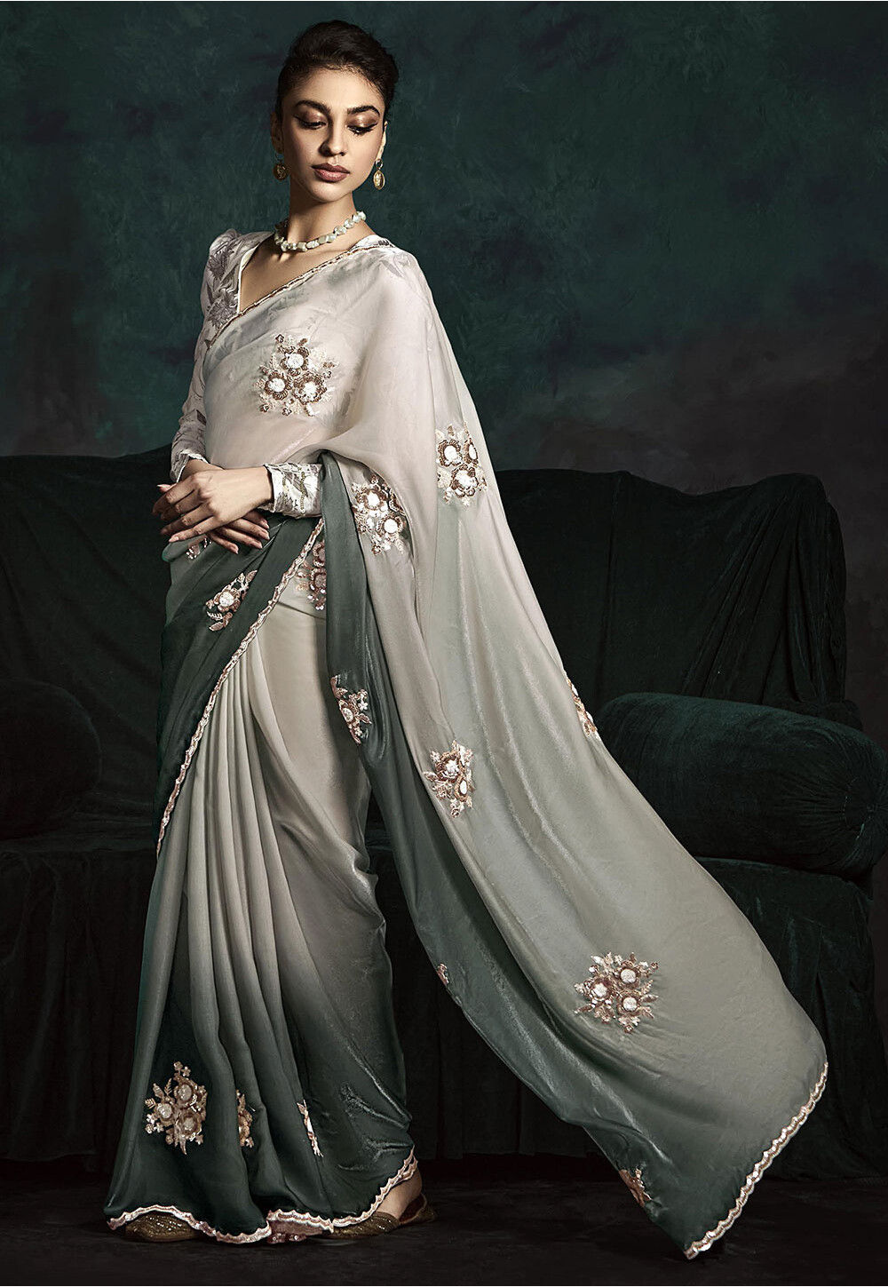 Emerald and Grey Printed Satin Georgette Saree main image 1