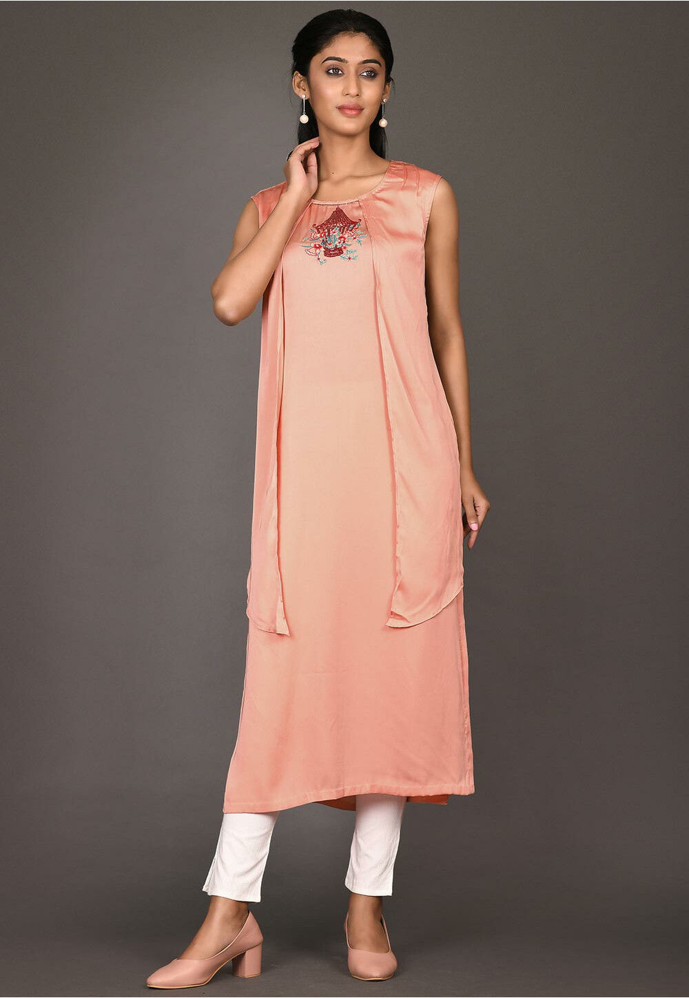 UtsavFashion Embroidered Satin Georgette Straight Kurta in Peach