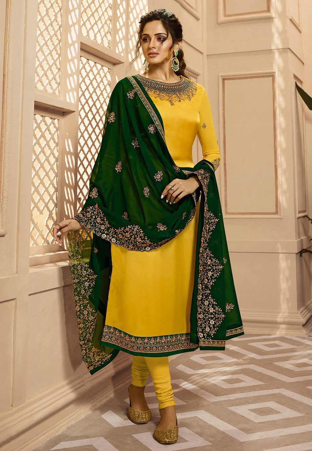 Embroidered Satin Georgette Straight Suit in Yellow : KCH3954