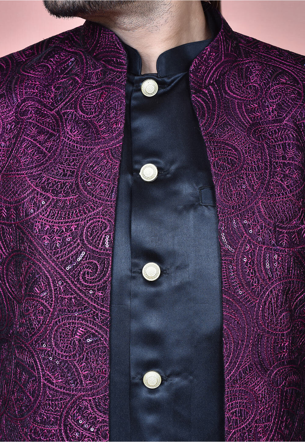 Embroidered Satin Jacket Style Sherwani in Navy Blue and Purple MTX2683