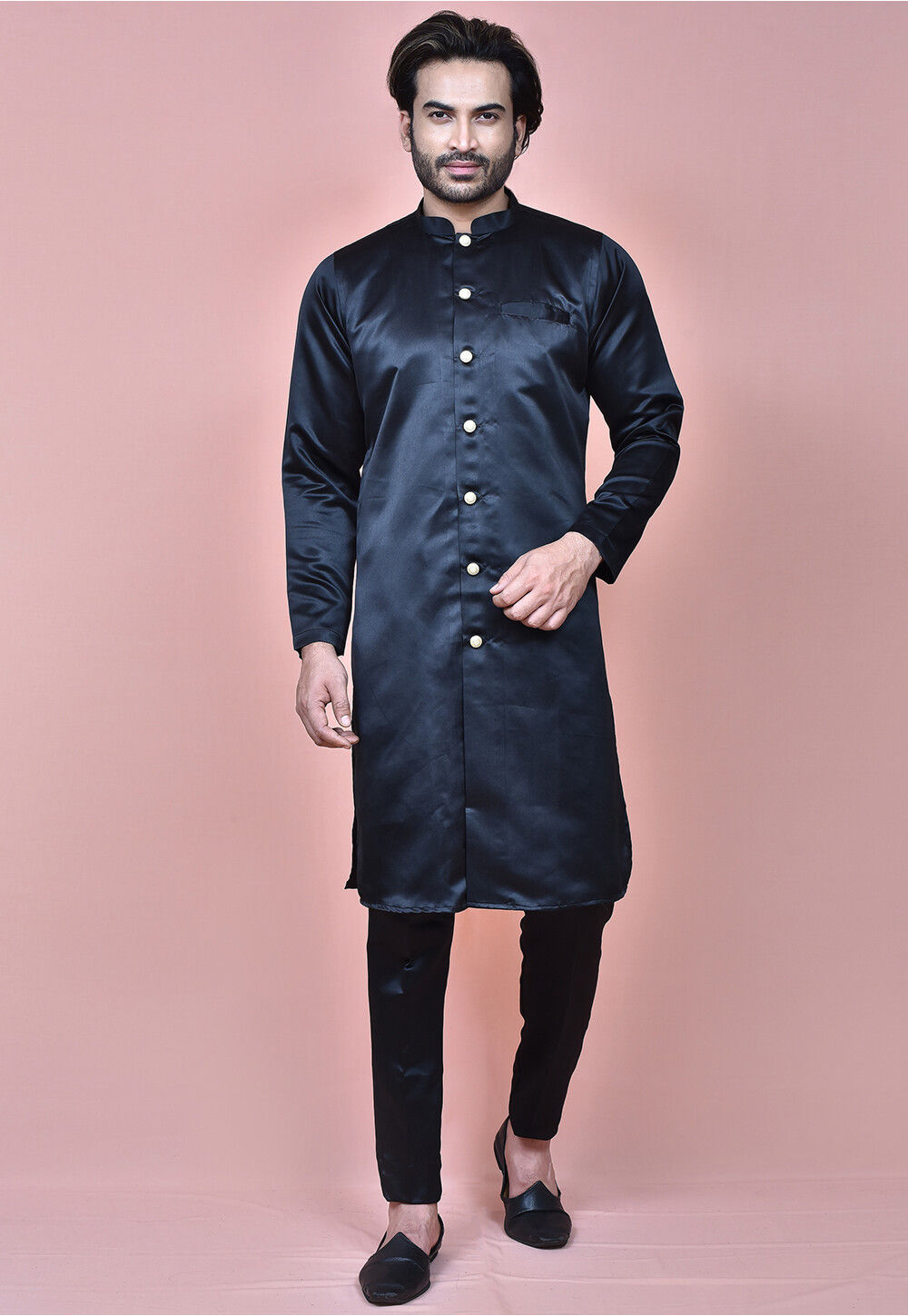 Embroidered Satin Jacket Style Sherwani in Navy Blue and Purple MTX2683