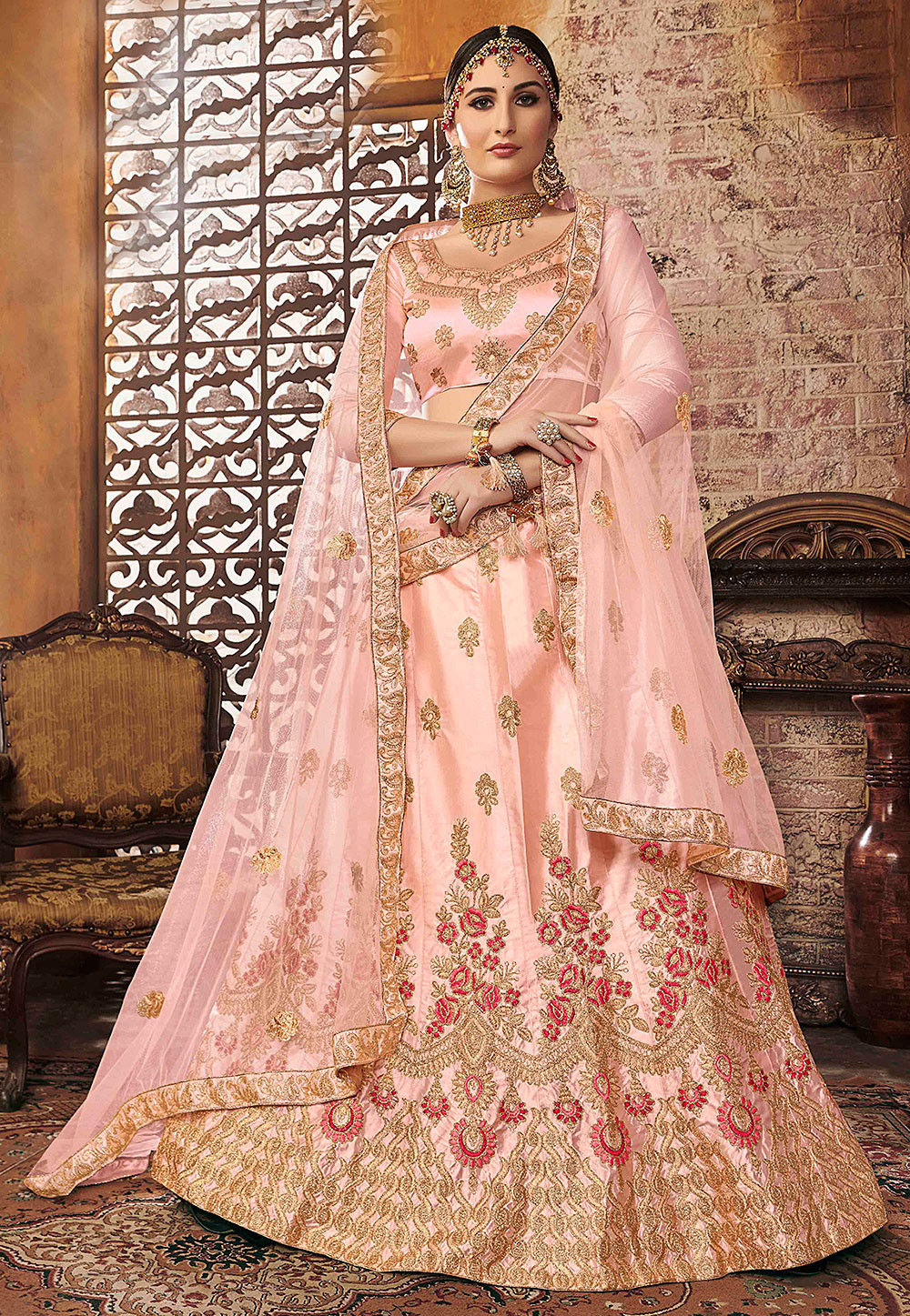 Buy Bridal Lehenga - Royal Multicolor Pink & Peach Embroidered Lehenga –  Empress Clothing