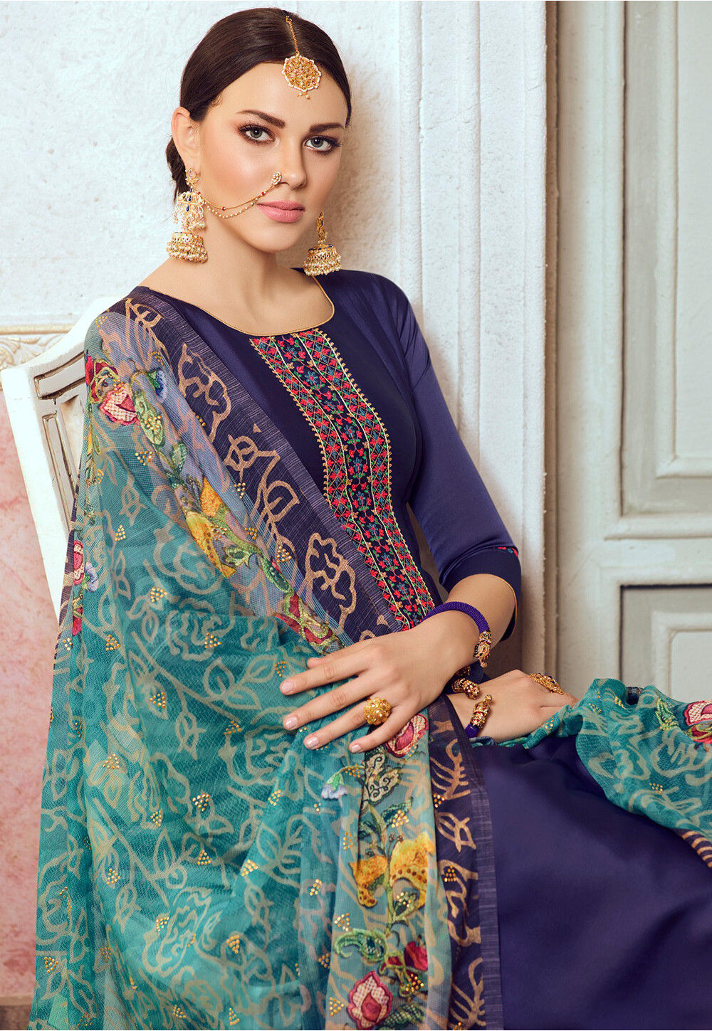 Embroidered Satin Pakistani Suit in Navy Blue : KCH8534