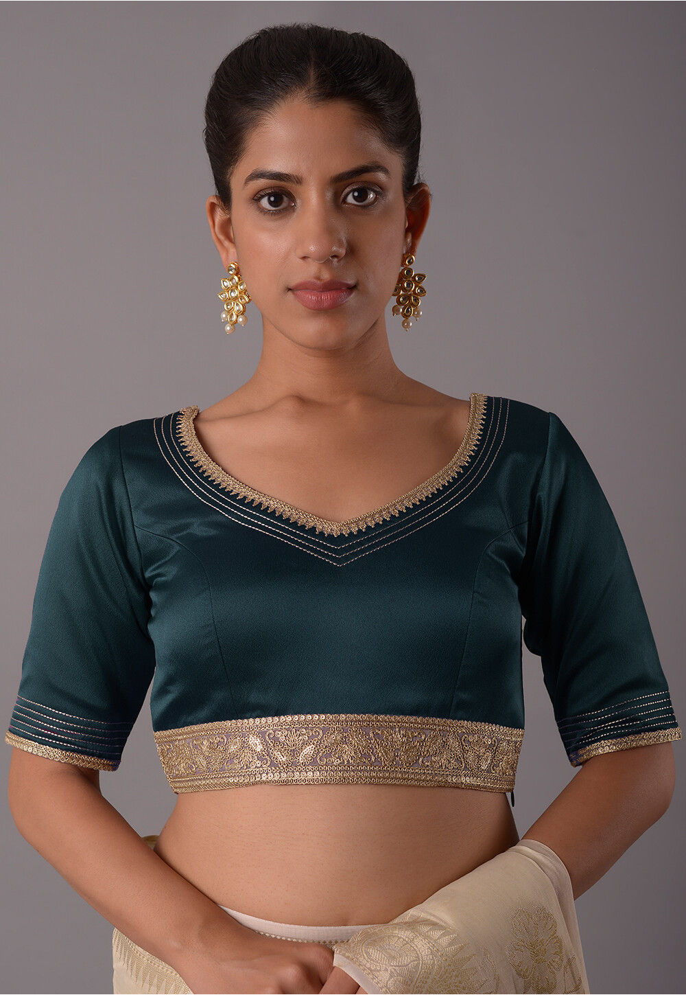 Buy Embroidered Satin Princess Cut Blouse in Dusty Blue Online UAC421