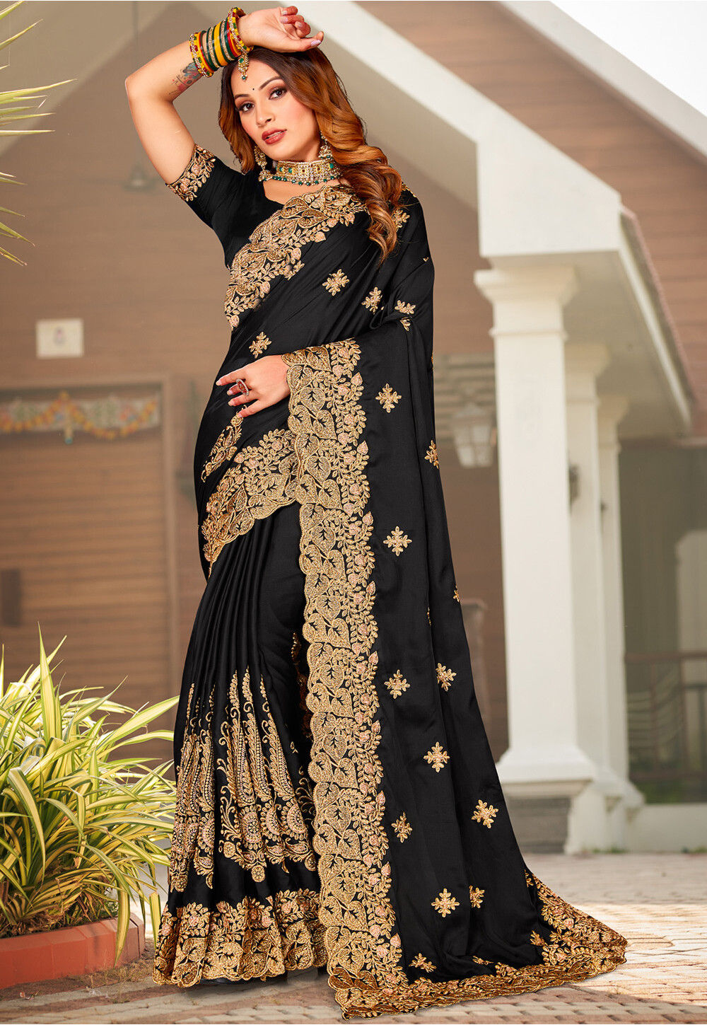 BLACK SATIN SAREE WITH EMBROIDERED BORDER – Boveee