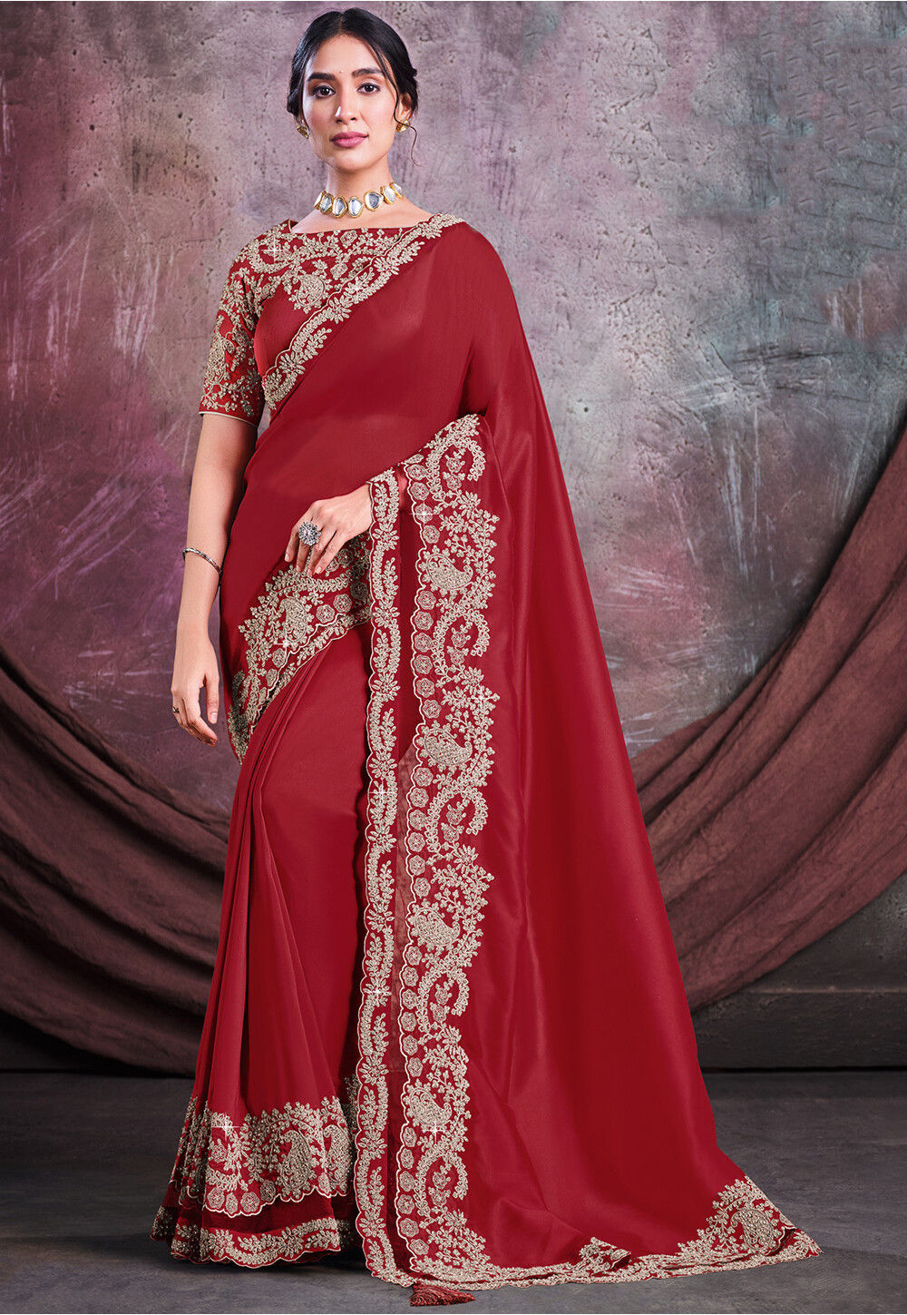 Ladies Red Party Wear Satin Silk Saree at Rs 449/piece in Surat | ID:  2849953848897