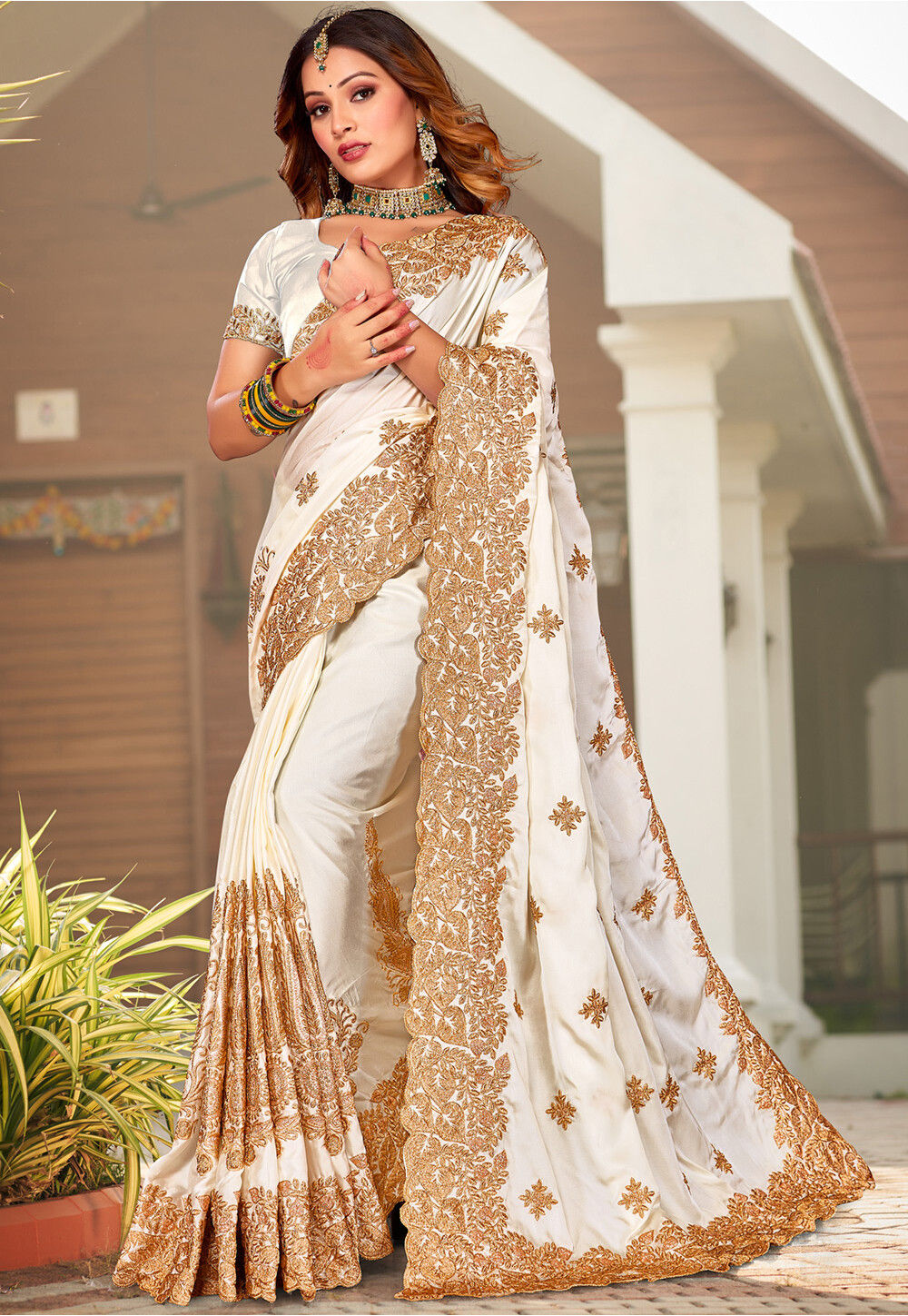 Off White Mirror Satin Saree Set