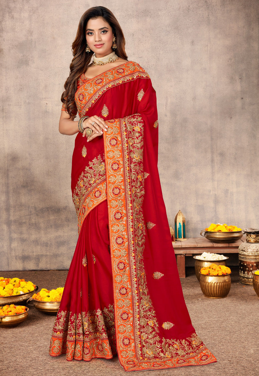 Embroidered Satin Saree in Red : SCBA2104