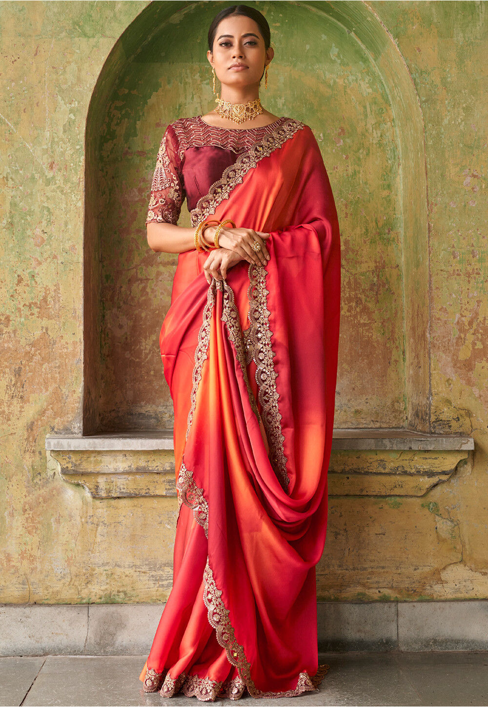 Red Plain Satin Saree With Jacquard Blouse Saree 4803SR13