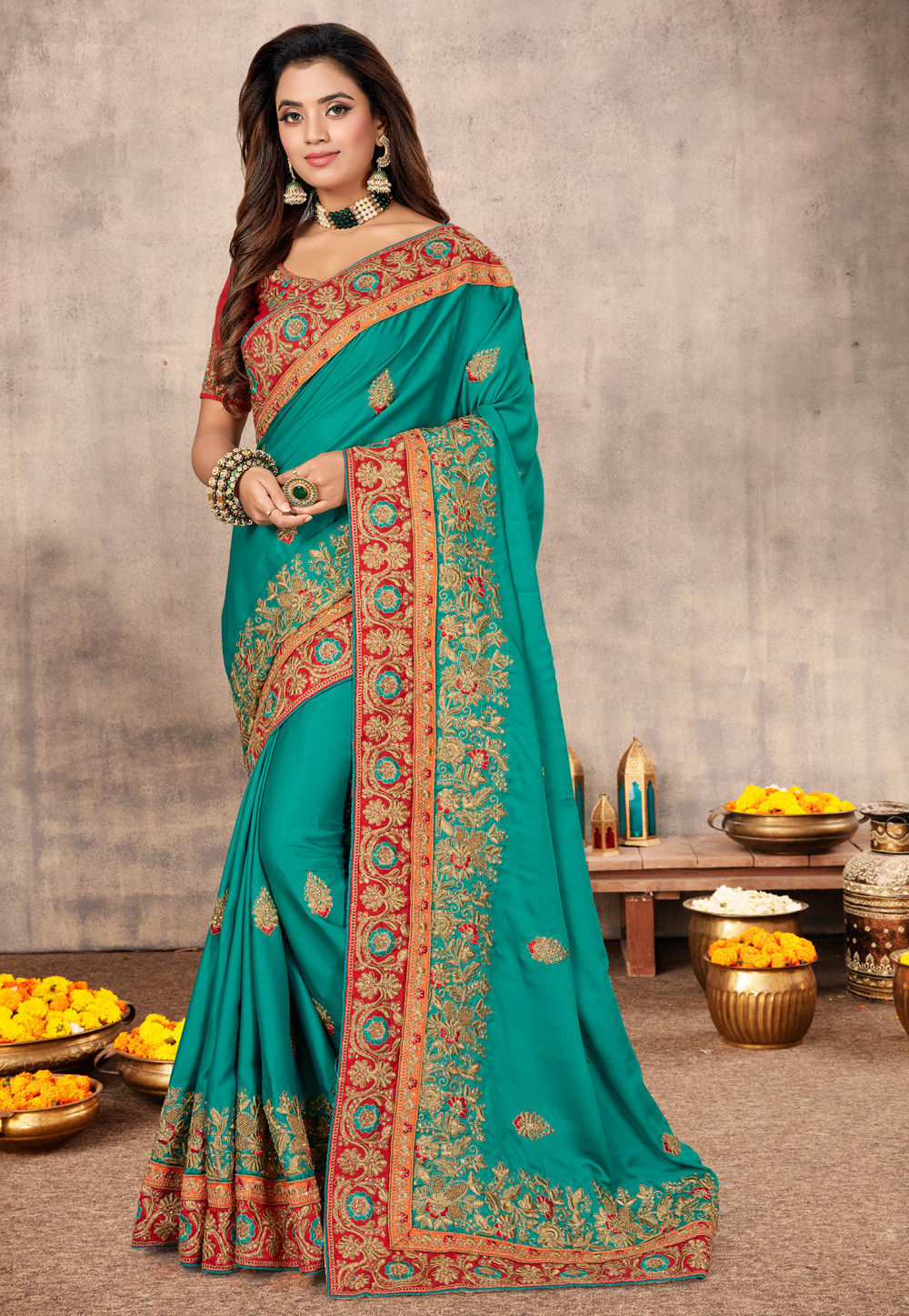Embroidered Satin Saree in Turquoise : SCBA2109
